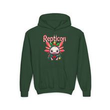 Load image into Gallery viewer, Repticon Youth Heavy Blend Hooded Sweatshirt w/ Axolotl Christmas Tree
