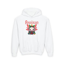 Load image into Gallery viewer, Repticon Youth Heavy Blend Hooded Sweatshirt w/ Axolotl Christmas Tree
