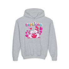 Load image into Gallery viewer, Repticon Youth Heavy Blend Hooded Sweatshirt w/ Valentine Axolotls
