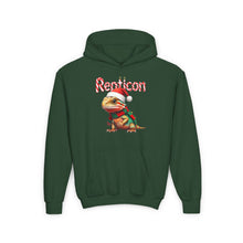 Load image into Gallery viewer, Repticon Youth Heavy Blend Hooded Sweatshirt w/ Bearded Dragon Santa
