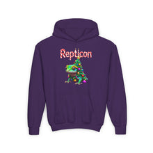 Load image into Gallery viewer, Repticon Youth Heavy Blend Hooded Sweatshirt w/ Gecko Christmas Tree
