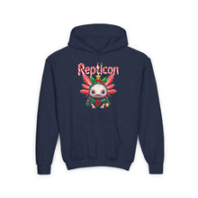 Load image into Gallery viewer, Repticon Youth Heavy Blend Hooded Sweatshirt w/ Axolotl Christmas Tree
