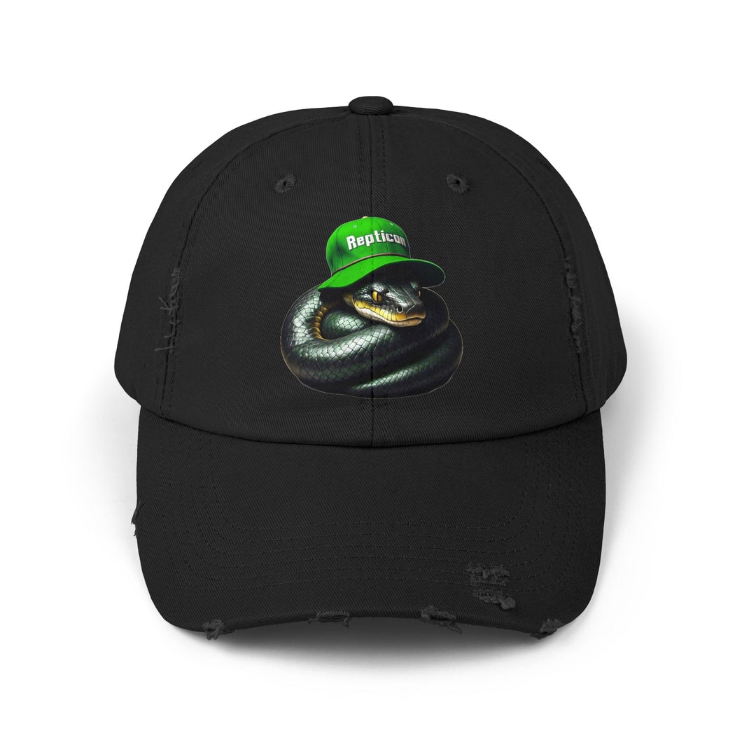 Unisex Distressed Cap w/ Black Snake