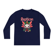 Load image into Gallery viewer, Repticon Youth Long Sleeve Competitor Tee w/ Axolotl Christmas Tree
