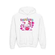 Load image into Gallery viewer, Repticon Youth Heavy Blend Hooded Sweatshirt w/ Valentine Axolotls
