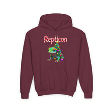 Load image into Gallery viewer, Repticon Youth Heavy Blend Hooded Sweatshirt w/ Gecko Christmas Tree
