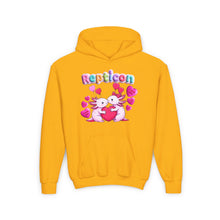 Load image into Gallery viewer, Repticon Youth Heavy Blend Hooded Sweatshirt w/ Valentine Axolotls
